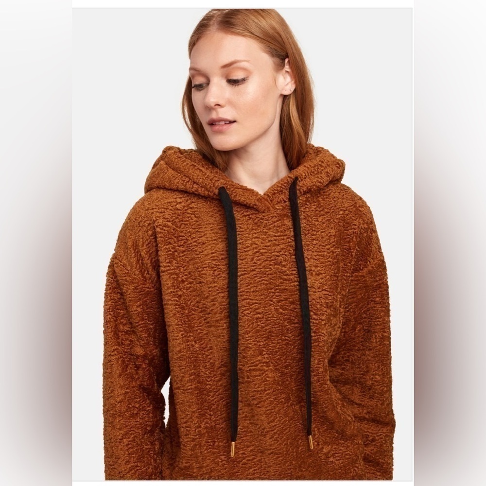 J.O.A. Sherpa Hoodie Maple Brown Fleece Drawstring Relaxed Fit Small